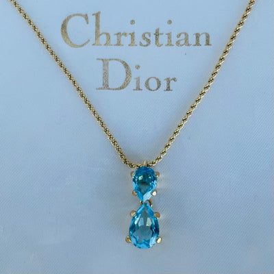 Vintage Christian Dior Gold-Plated Necklace with Aquamarine/Blue Topaz Crystal Drop