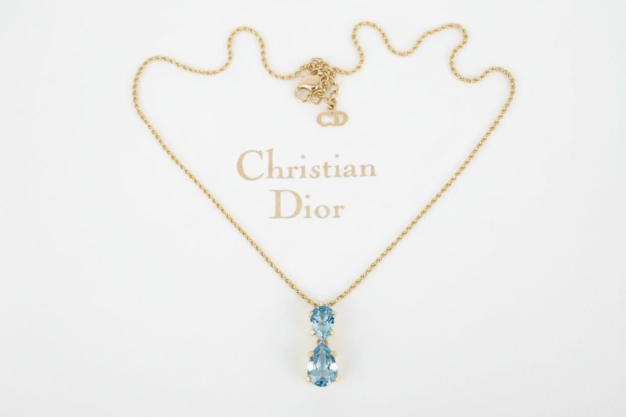 Vintage Christian Dior Gold-Plated Necklace with Aquamarine/Blue Topaz Crystal Drop