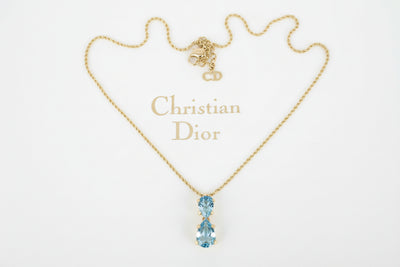 Vintage Christian Dior Gold-Plated Necklace with Aquamarine/Blue Topaz Crystal Drop