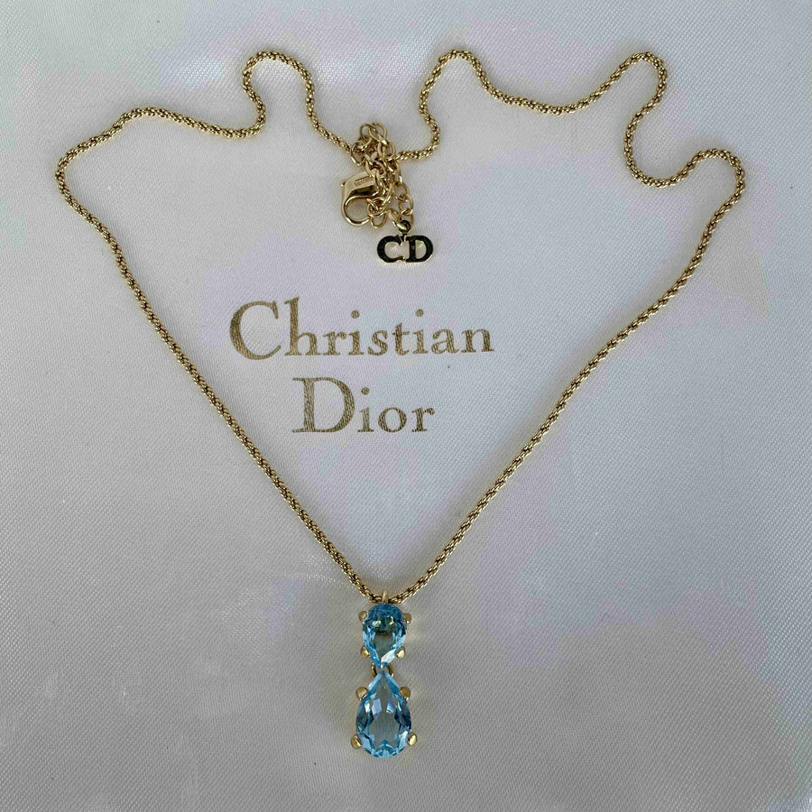Vintage Christian Dior Gold-Plated Necklace with Aquamarine/Blue Topaz Crystal Drop