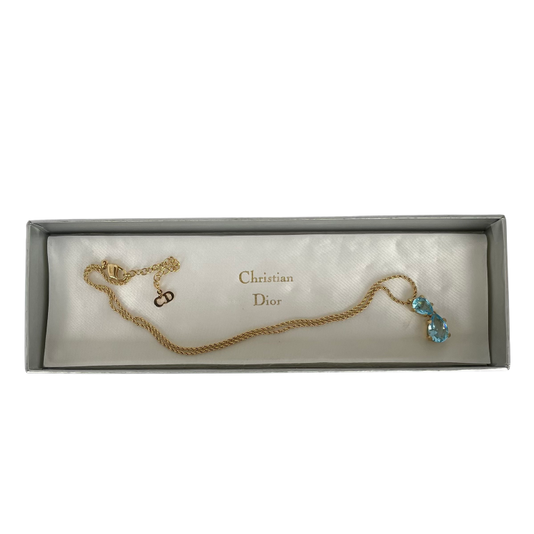 Vintage Christian Dior Gold-Plated Necklace with Aquamarine/Blue Topaz Crystal Drop