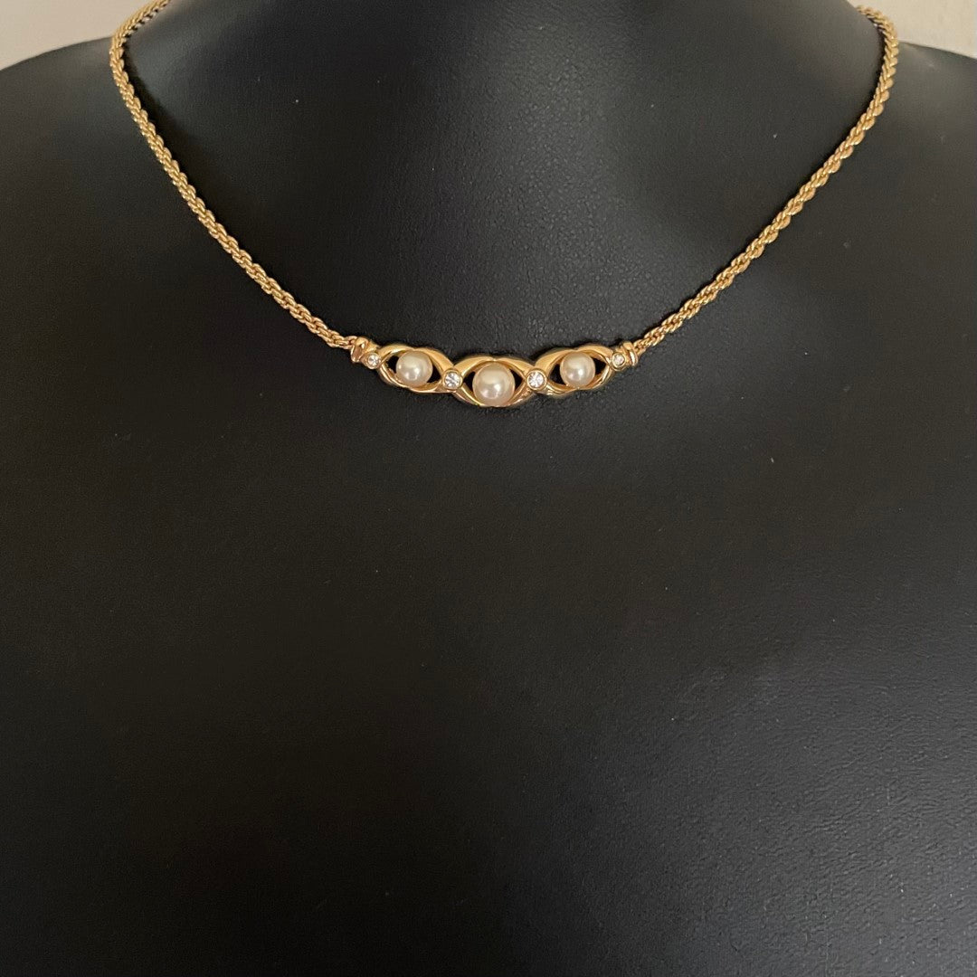 Vintage Christian Dior Faux Pearl and Crystal Necklace, 1980s