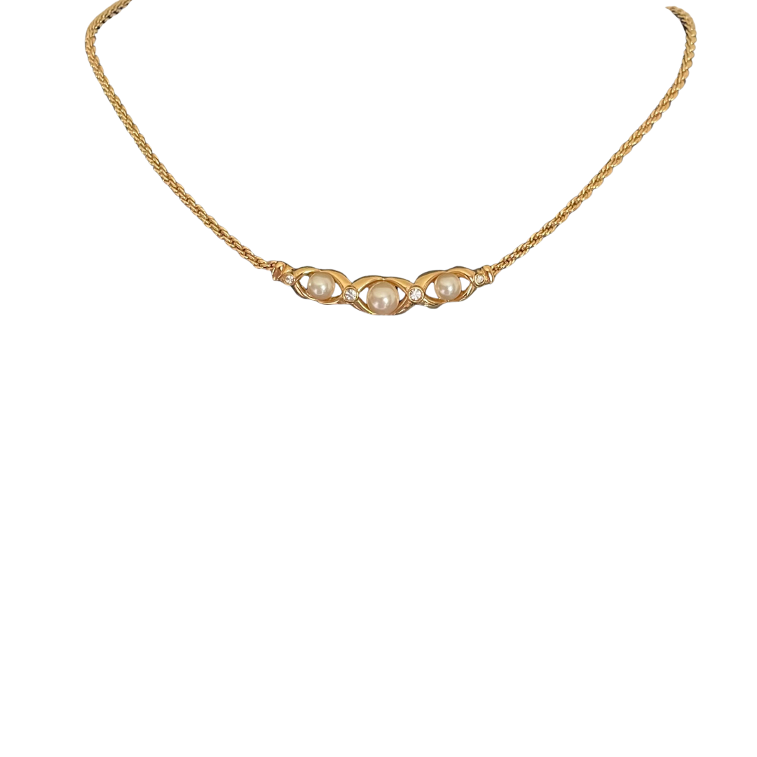 Vintage Christian Dior Faux Pearl and Crystal Necklace, 1980s