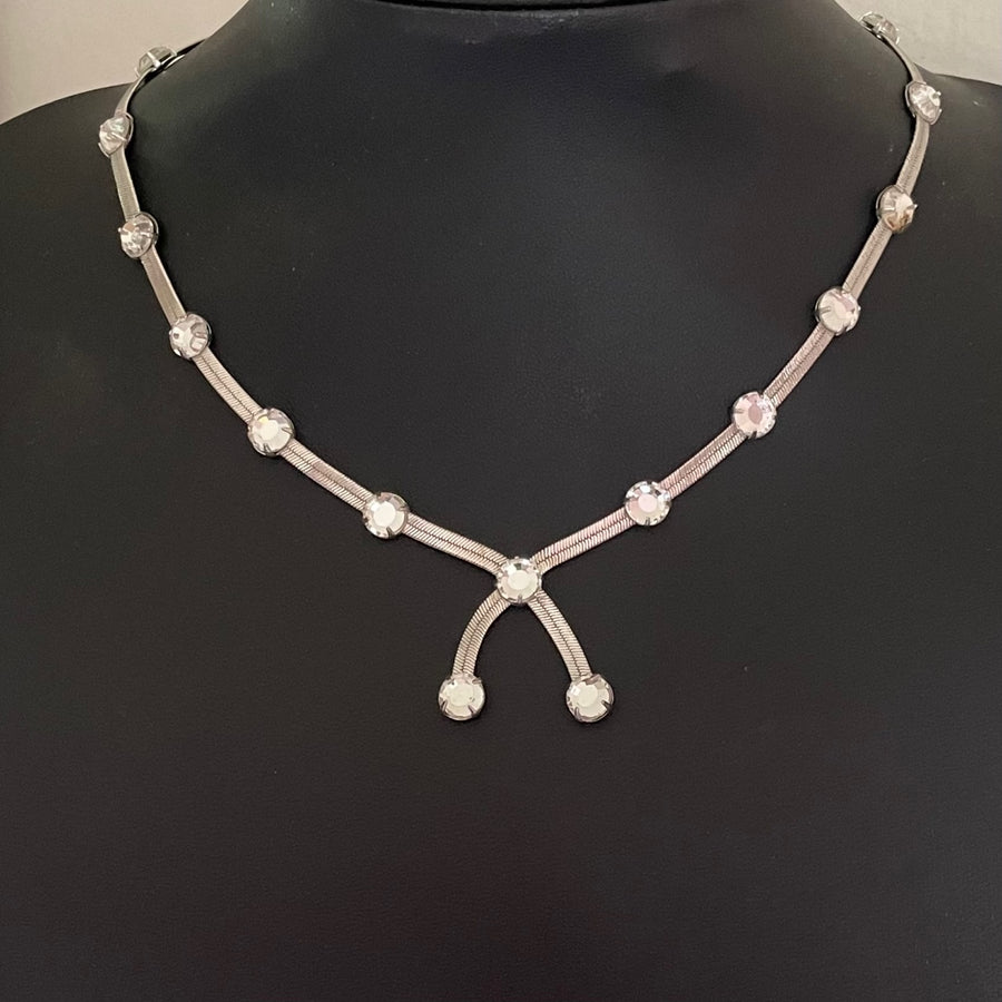 Christian Dior silver herringbone snake chain necklace with crystal Y-drop centrepiece. Signed Dior. Garlands and Ribbons, Galliano era, early 2000s