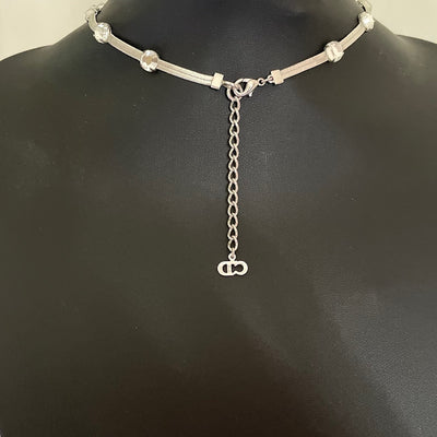 picture shows reverse of Christian Dior silver herringbone snake chain necklace with crystal Y-drop centrepiece. Signed Dior. Garlands and Ribbons, Galliano era, early 2000s