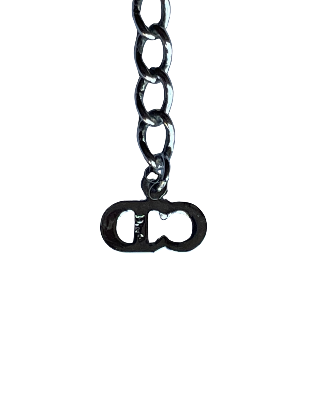 reverse of Christian Dior silver herringbone snake chain necklace with crystal Y-drop centrepiece. Signed Dior. Garlands and Ribbons, Galliano era, early 2000s