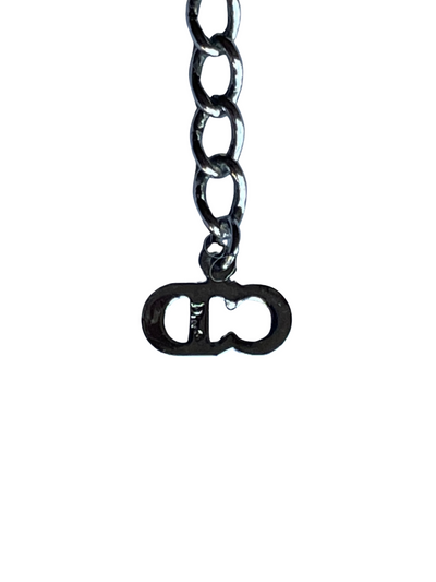 reverse of Christian Dior silver herringbone snake chain necklace with crystal Y-drop centrepiece. Signed Dior. Garlands and Ribbons, Galliano era, early 2000s