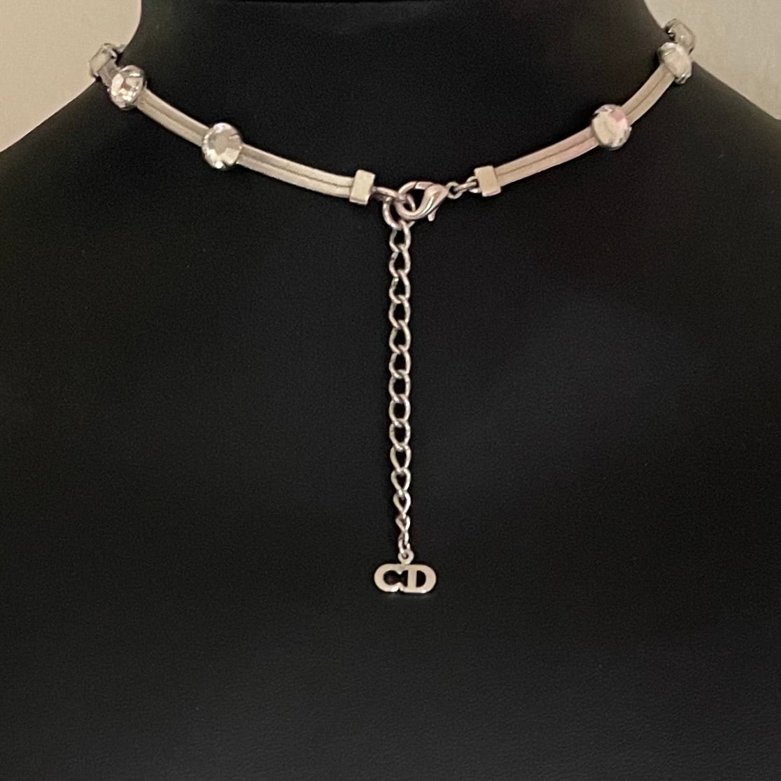 reverse ofChristian Dior silver herringbone snake chain necklace with crystal Y-drop centrepiece. Signed Dior. Garlands and Ribbons, Galliano era, early 2000s