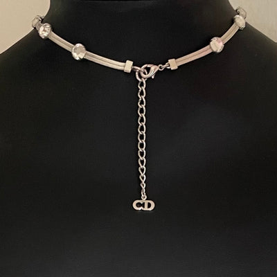 reverse ofChristian Dior silver herringbone snake chain necklace with crystal Y-drop centrepiece. Signed Dior. Garlands and Ribbons, Galliano era, early 2000s