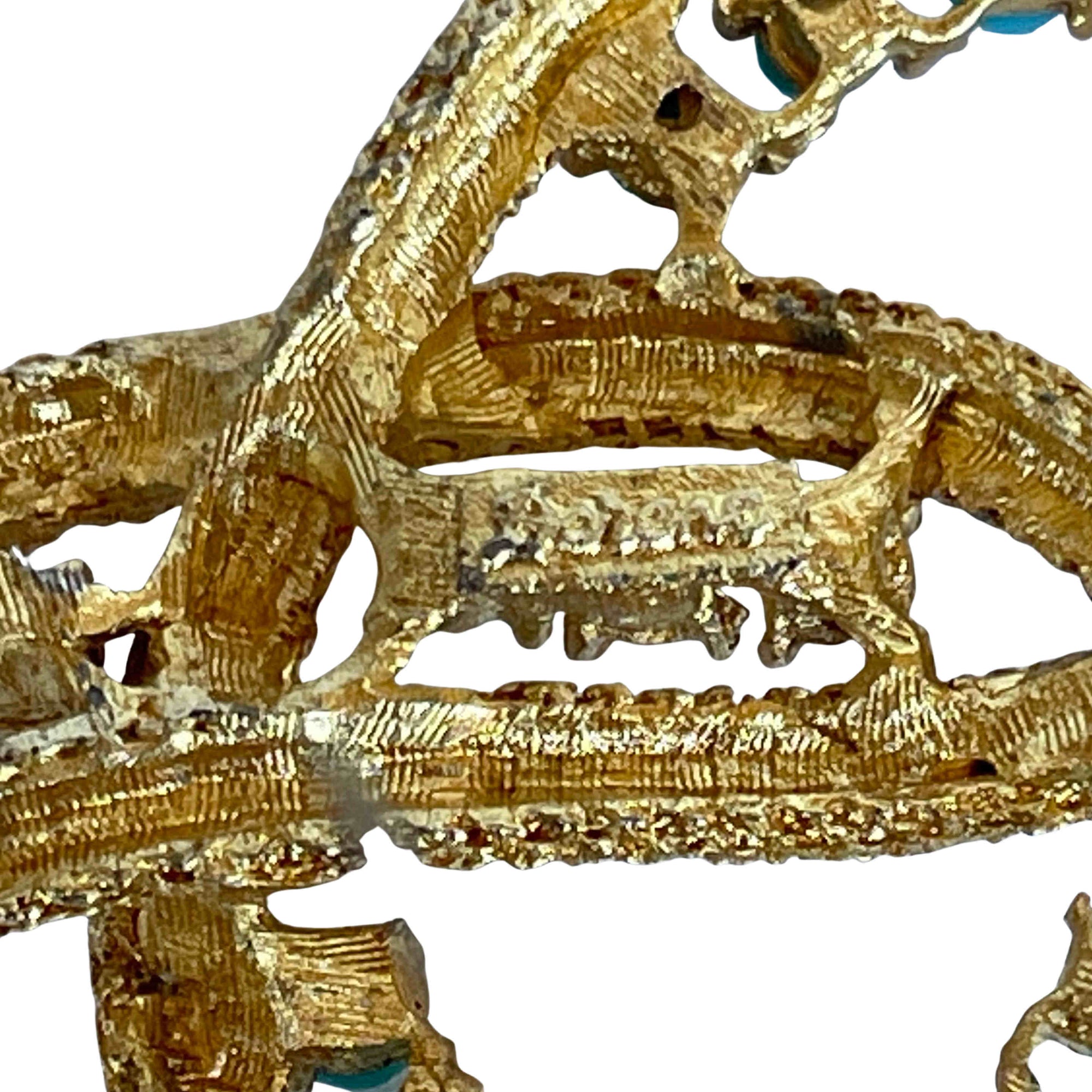 Vintage Signed Dorene 1960s Gold Mesh Turquoise & Pearl Knot Brooch