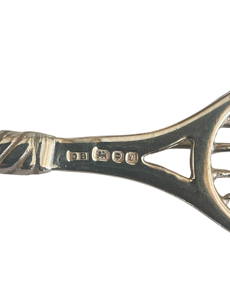 Vintage Sterling Silver Tennis Racket Brooch, Derek Birch, 1978
