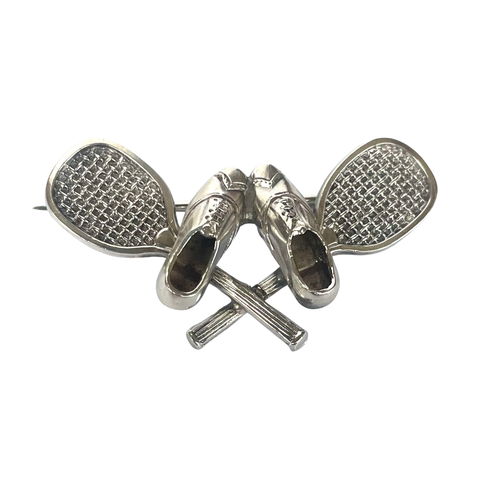 Rare Antique Sterling Silver Lawn Tennis Brooch, Rackets and Plimsolls,  Birmingham 1886