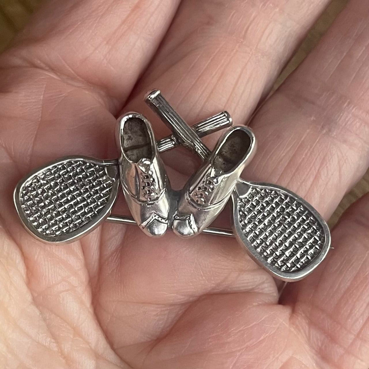 Rare Antique Sterling Silver Lawn Tennis Brooch, Rackets and Plimsolls,  Birmingham 1886