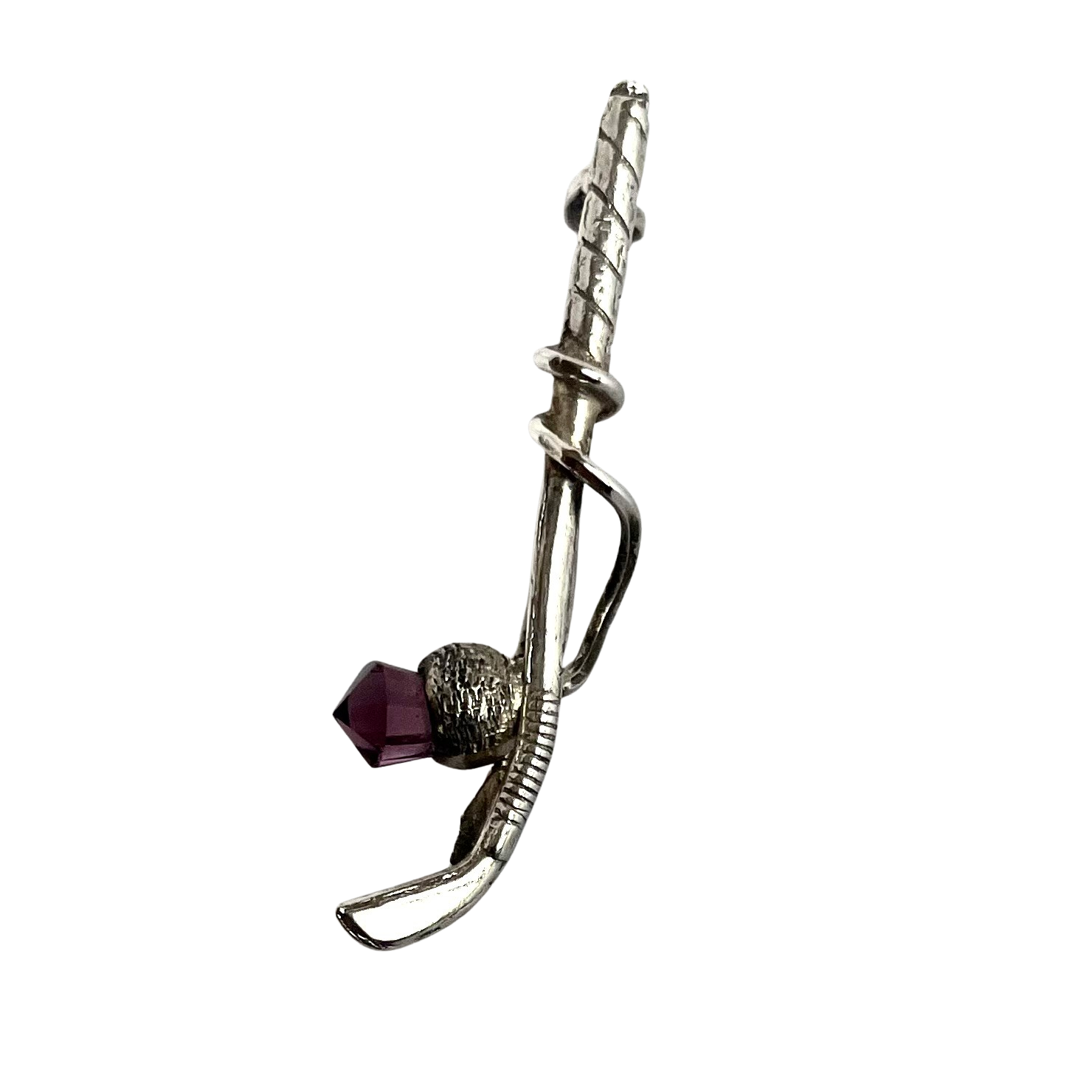 Sterling silver brooch in the form of a golf club with amethyst crystal thistle