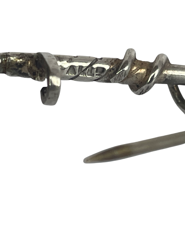 Sterling silver brooch in the form of a golf club with amethyst crystal thistle showing makers marks