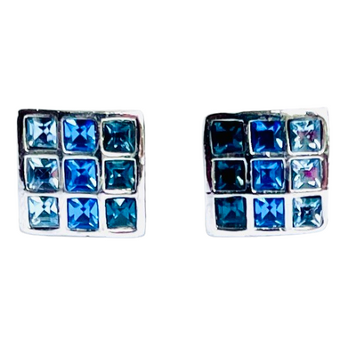 Vintage Grossé Rhodium-Plated Blue Crystal Clip Earrings, Signed GROSSE