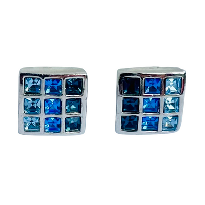 Vintage Grossé Rhodium-Plated Blue Crystal Clip Earrings, Signed GROSSE