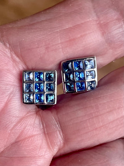 Vintage Grossé Rhodium-Plated Blue Crystal Clip Earrings, Signed GROSSE