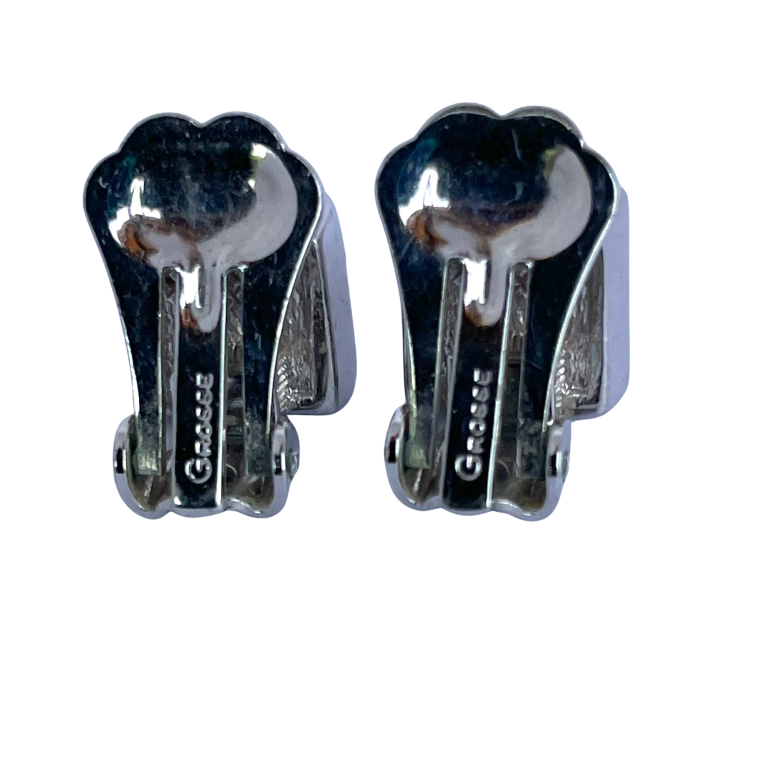 Vintage Grossé Rhodium-Plated Blue Crystal Clip Earrings, Signed GROSSE