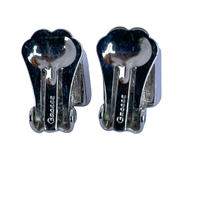 Vintage Grossé Rhodium-Plated Blue Crystal Clip Earrings, Signed GROSSE