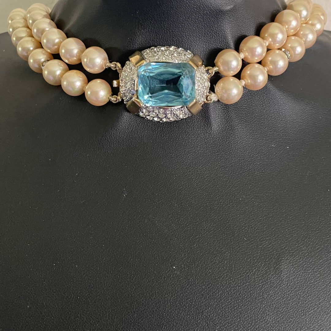 picture shows clasp: Vintage Vogue Bijoux double-strand faux pearl necklace with 10mm cream pearls, crystal rondelle spacers and an aquamarine crystal pavé-set clasp, 1980s.