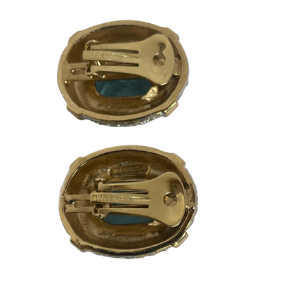 reverse of Vogue Bijoux aqua crystal earrings showing clips and signature