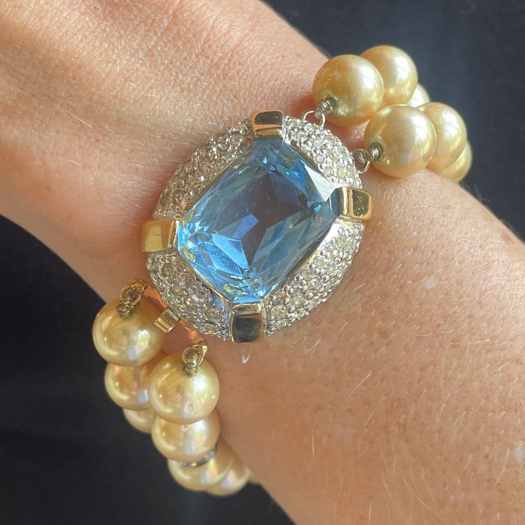 Vintage Vogue Bijoux Double Strand Faux Pearl Bracelet, Aquamarine Crystal Clasp, 1980s