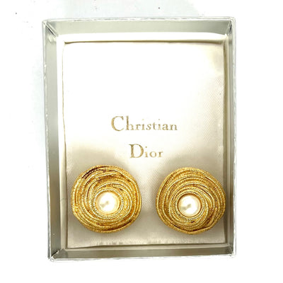 Vintage Christian Dior Woven Gold and Faux Pearl Clip Earrings, 1980s