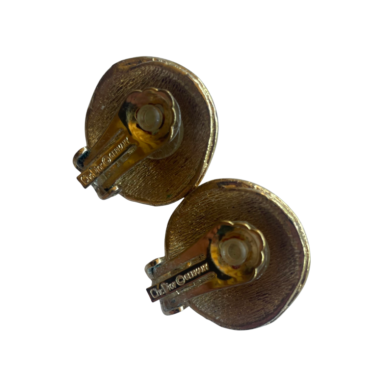 Vintage Christian Dior woven gold-plated disc clip earrings with central domed faux pearl, 1980s. Picture shows the reverse of the earrings - the ear clips and Chr. Dior © Germany mark.