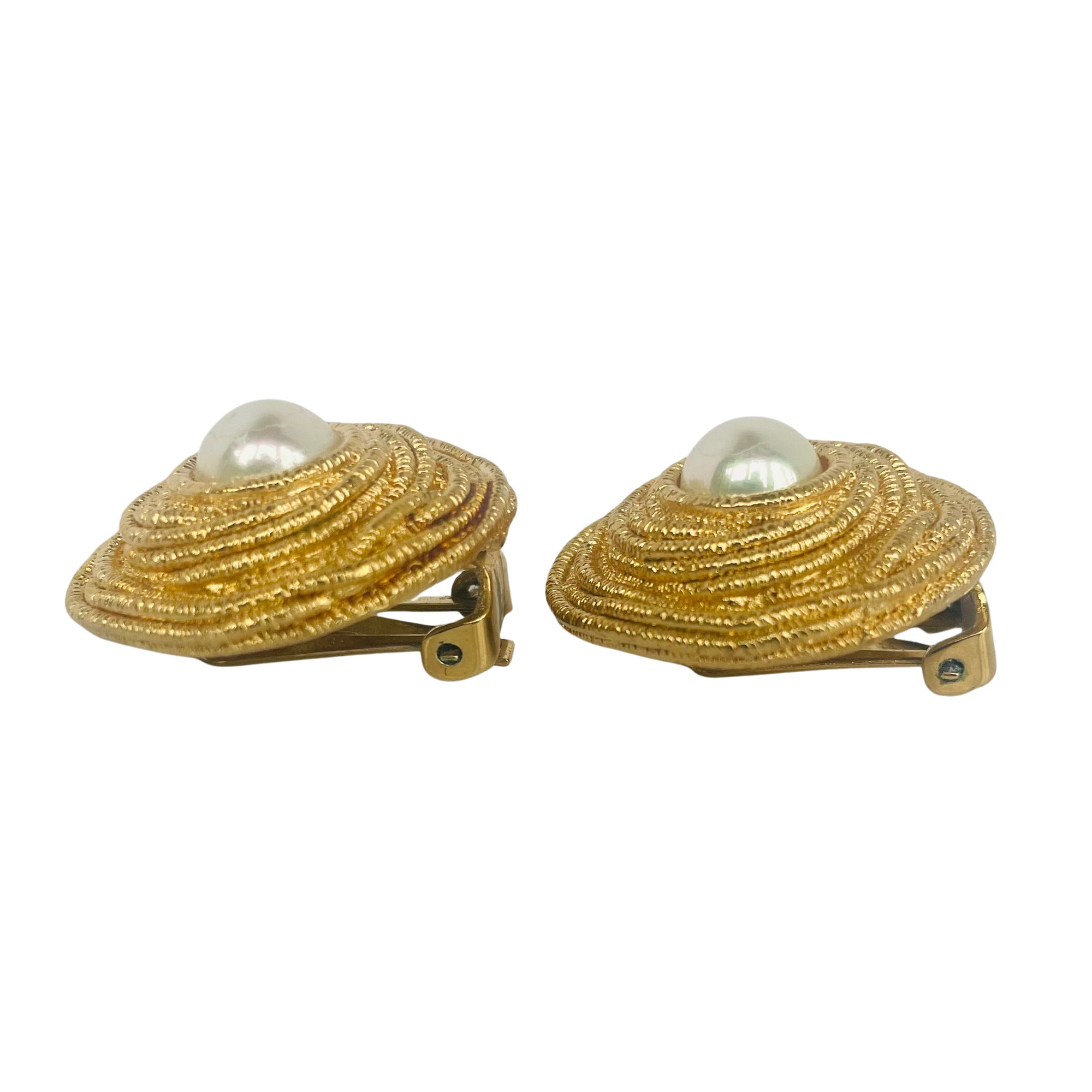 Vintage Christian Dior Woven Gold and Faux Pearl Clip Earrings, 1980s