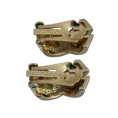 reverse side of vintage Christian Dior gold tone crystal kiss clip earrings 1980s signed Chr. Dior costume jewellery