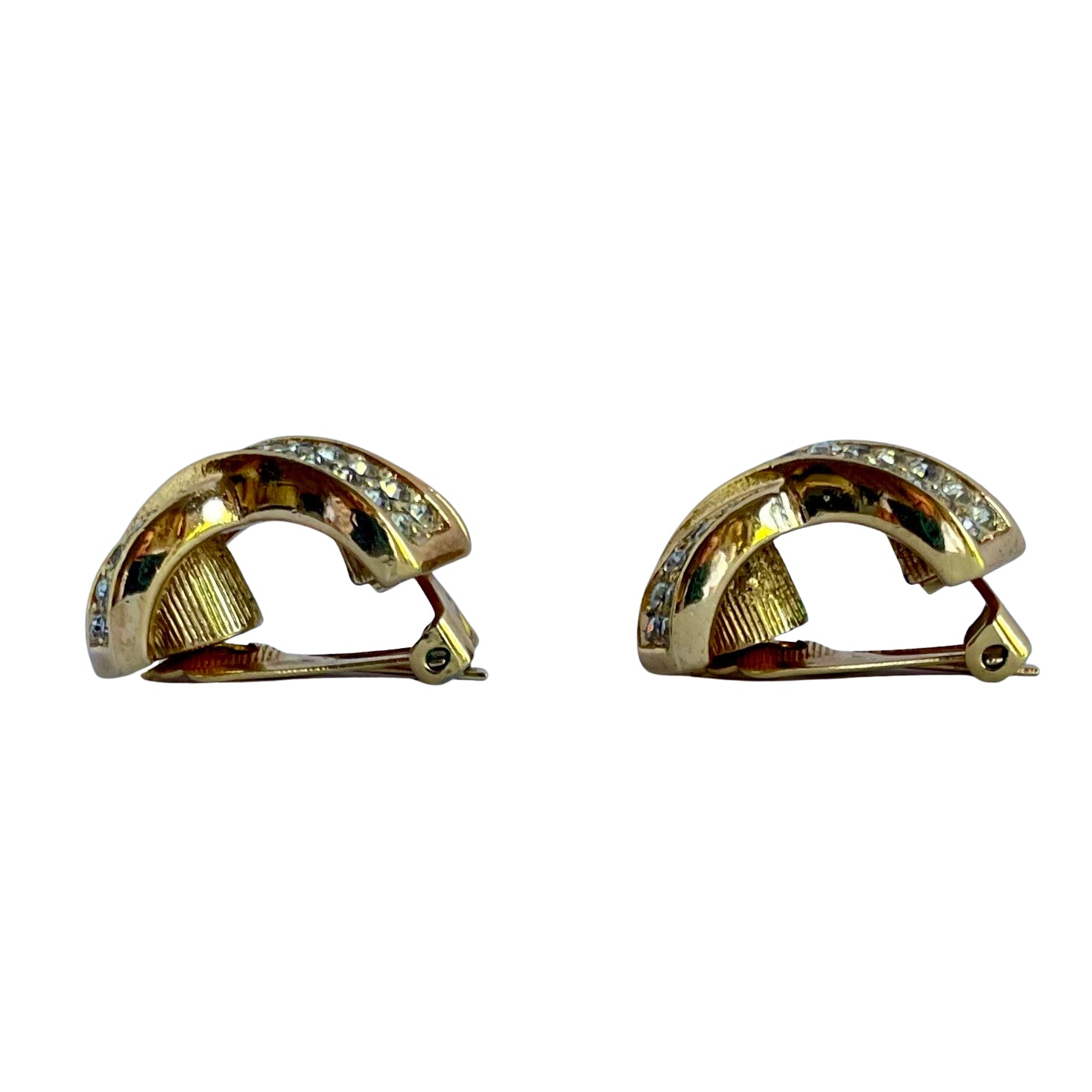 side of vintage Christian Dior gold tone crystal kiss clip earrings 1980s signed Chr. Dior costume