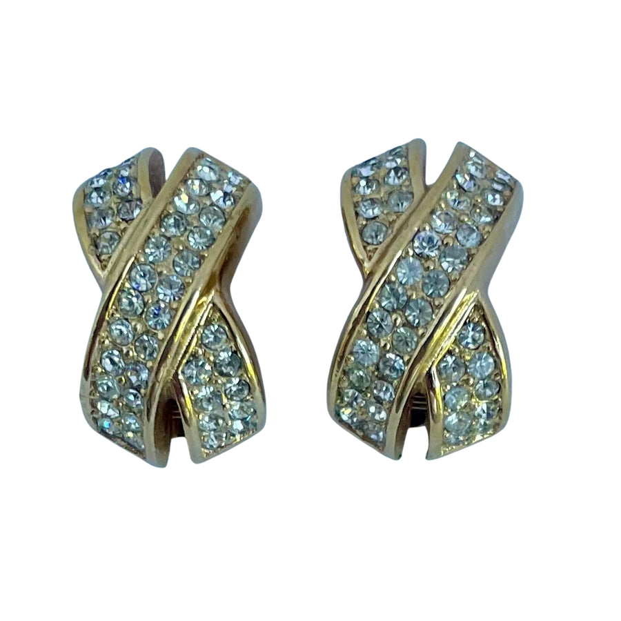 Vintage Christian Dior gold tone crystal kiss clip earrings 1980s signed Chr. Dior costume jewellery