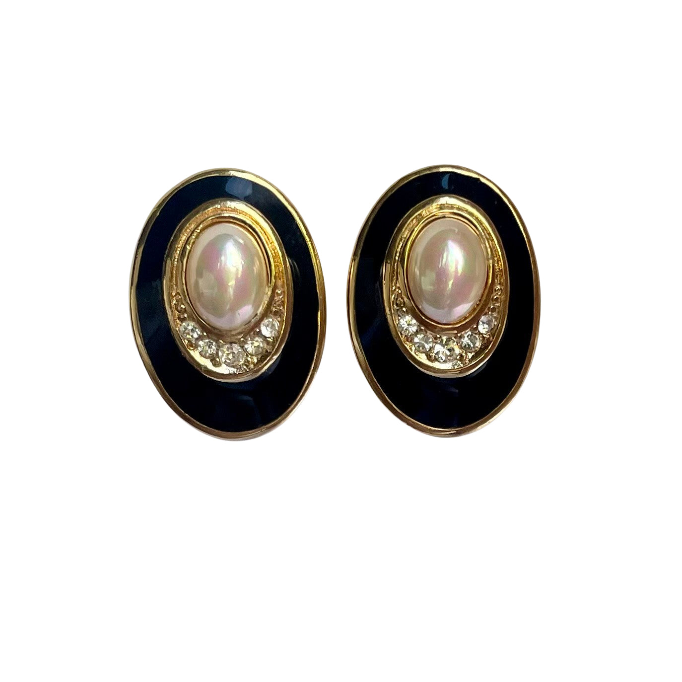 Vintage 1980s Christian Dior Mabé Pearl, Crystal and Enamel Clip Earrings