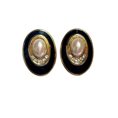 Vintage Christian Dior gold plated oval clip earrings with faux mabé pearl, crystals and black enamel detailing.