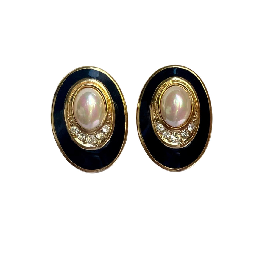 Vintage Christian Dior gold plated oval clip earrings with faux mabé pearl, crystals and black enamel detailing.
