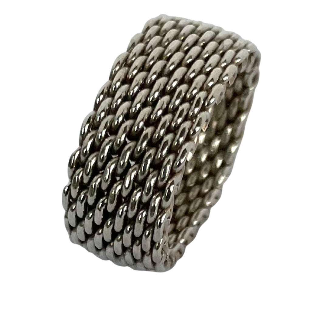 Tiffany & Co Somerset mesh ring in sterling silver, shown at angle