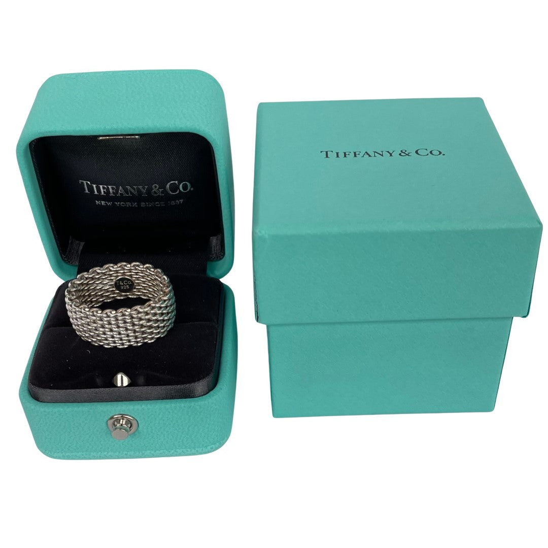 Tiffany & Co Somerset mesh ring in sterling silver, shown in Tiffany box with outer box shown as well
