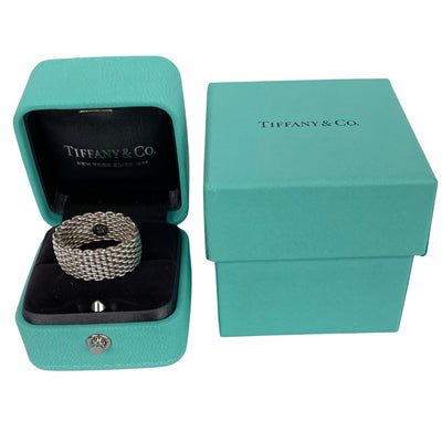 Tiffany & Co Somerset mesh ring in sterling silver, shown in Tiffany box with outer box shown as well
