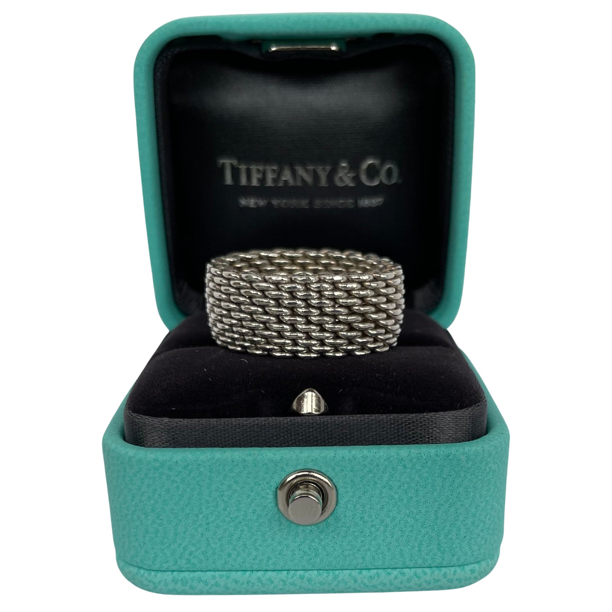 Tiffany & Co Somerset mesh ring in sterling silver, shown in Tiffany box