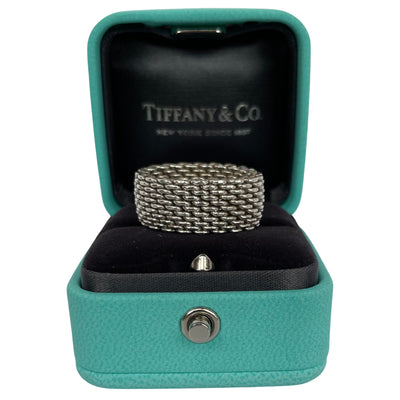Tiffany & Co Somerset mesh ring in sterling silver, shown in Tiffany box