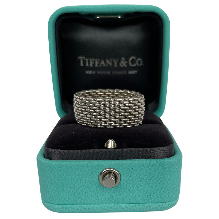 Tiffany & Co Somerset mesh ring in sterling silver, shown in Tiffany box