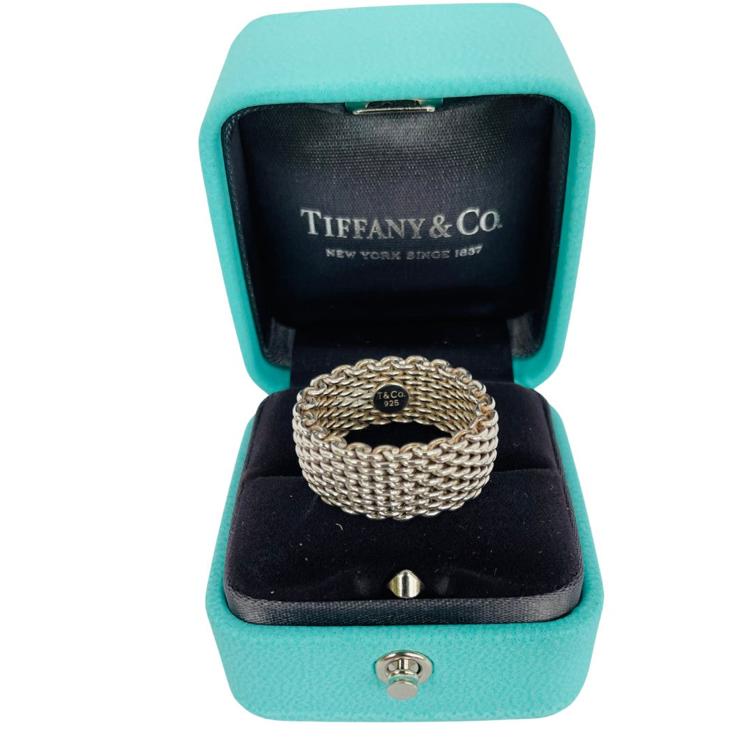 Tiffany & Co Somerset mesh ring in sterling silver, shown in Tiffany box