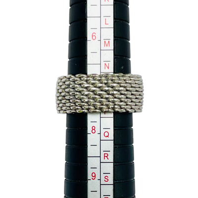Tiffany & Co Somerset mesh ring in sterling silver, shown on ring measure, size O