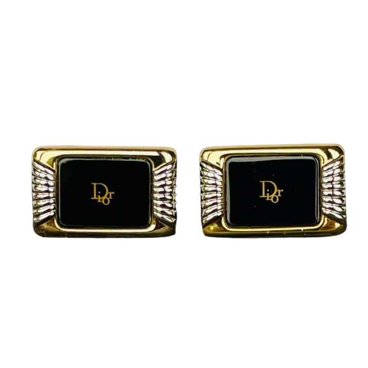 Vintage Christian Dior Monsieur Gold-Plated Black Enamel Cufflinks, Boxed