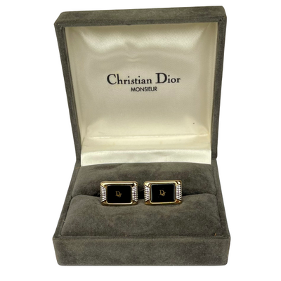 Vintage Christian Dior Monsieur Gold-Plated Black Enamel Cufflinks, Boxed