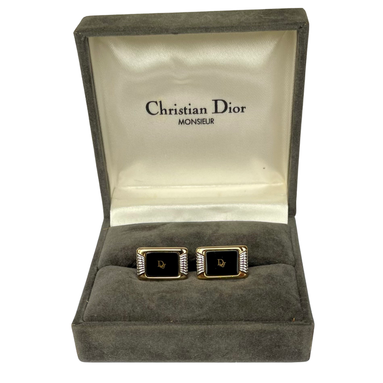 Vintage Christian Dior Monsieur Gold-Plated Black Enamel Cufflinks, Boxed