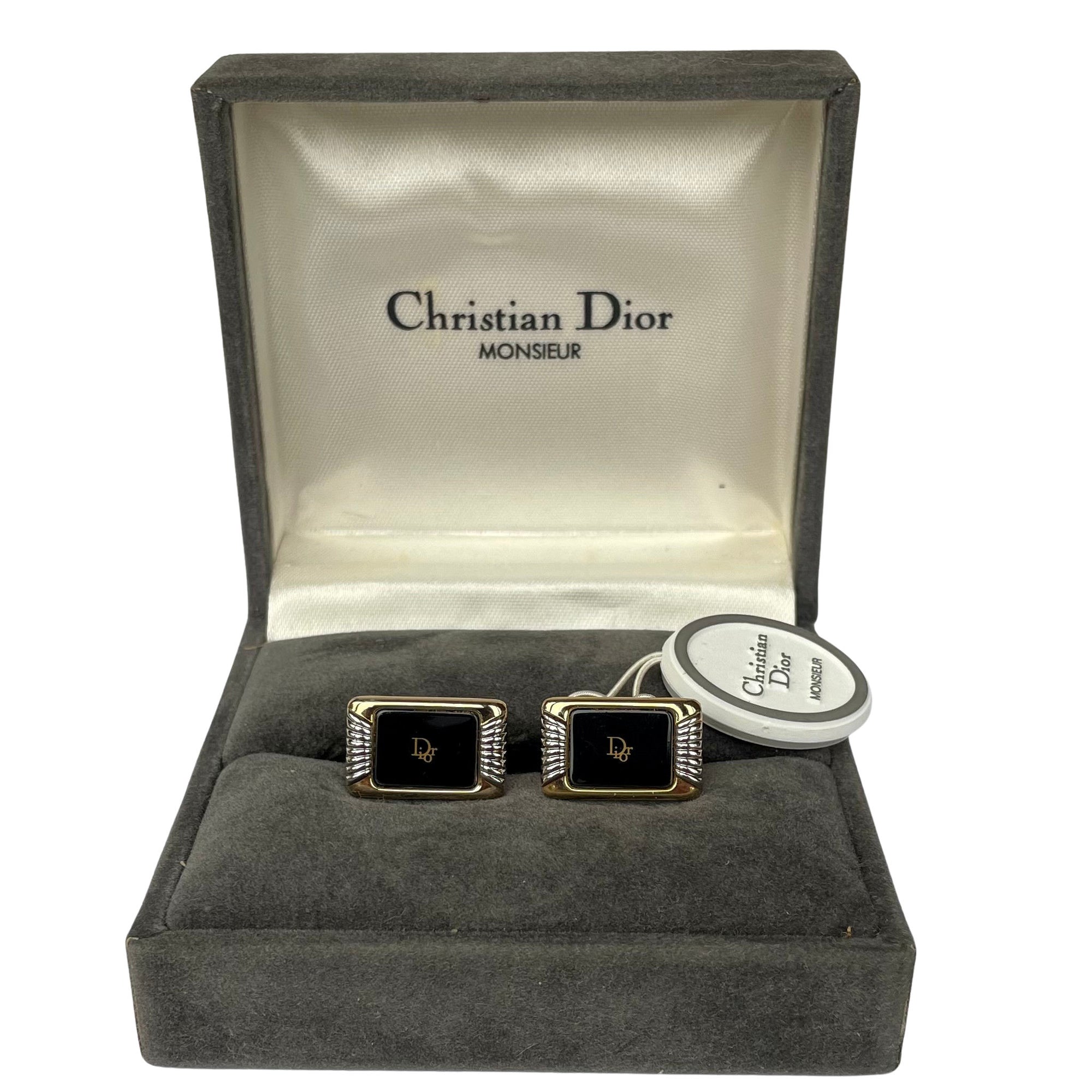 Vintage Christian Dior Monsieur Gold-Plated Black Enamel Cufflinks, Boxed