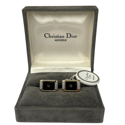 Vintage Christian Dior Monsieur Gold-Plated Black Enamel Cufflinks, Boxed
