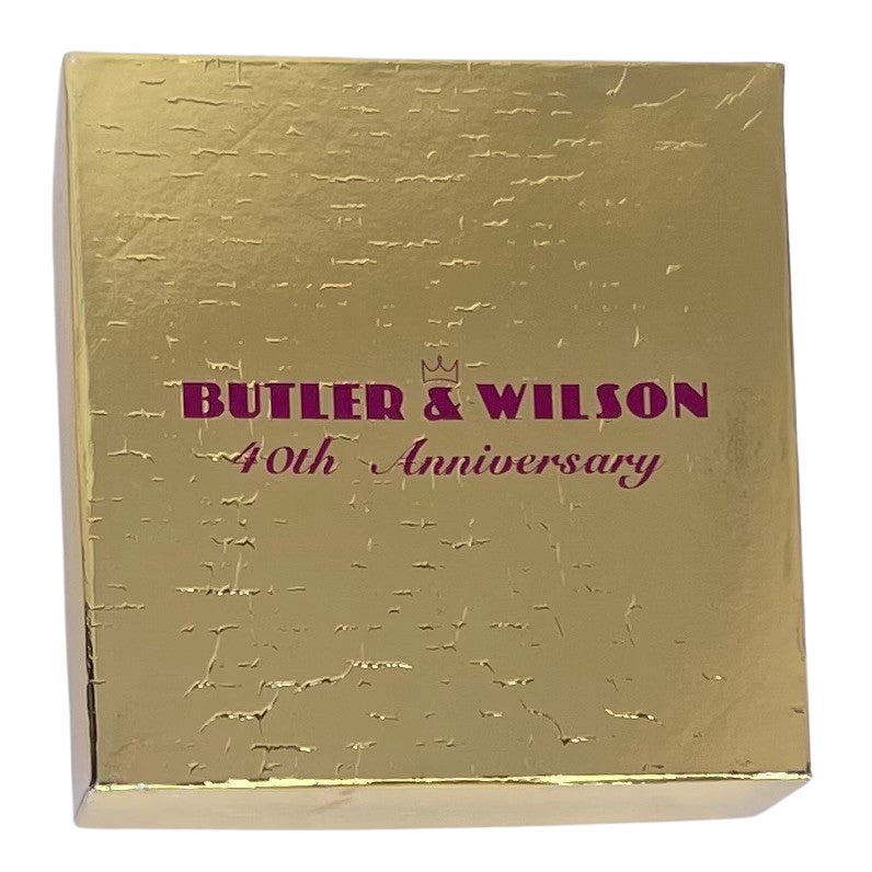 Vintage Butler & Wilson family of three owls brooch with crystal-set branch, colourful enamel leaves, original sealed packaging and 40th anniversary gold box.
